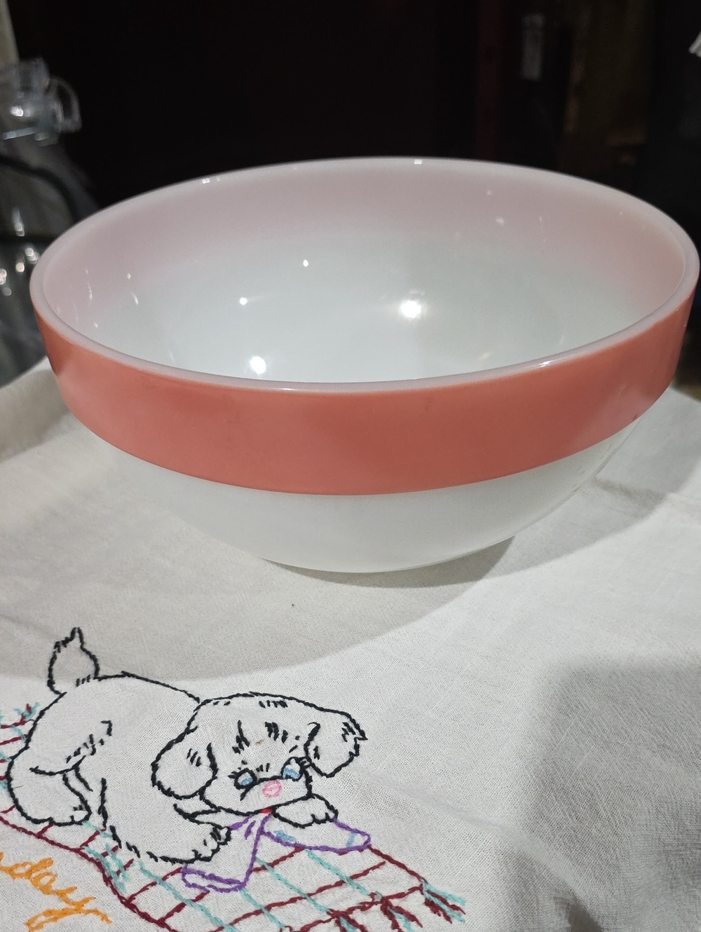 Fire King White Ceramic Bowl with Coral Rim - Home Accents